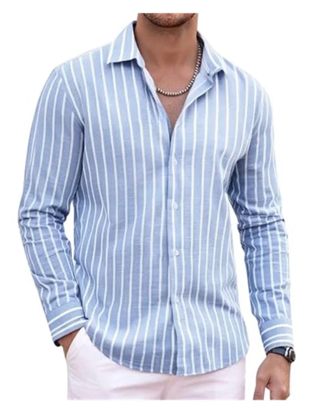 Men's Linen Shirts Long Sleeve Button Down Striped Beach Shirt